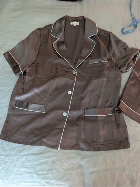 LilySilk 100% Mulberry Silk Pajama Set Dark Gray Short Sleeve Shorts Size Small
